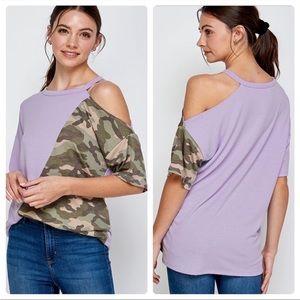 Lavender and camo cold shoulder top